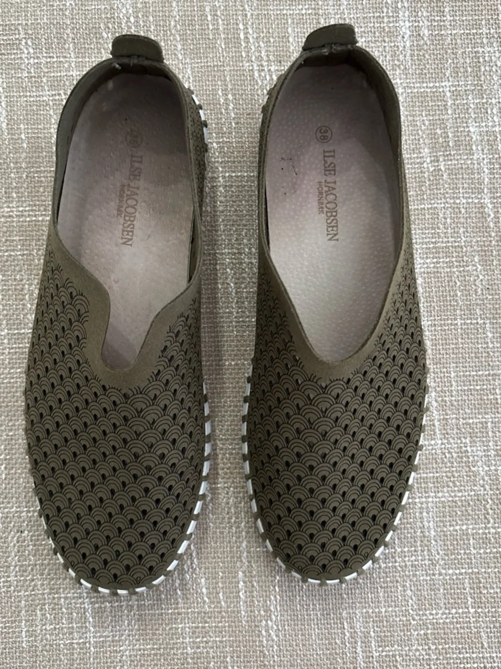 Ilse Jacobsen Olive Green Slip-On Perforated Loafers with White Sole